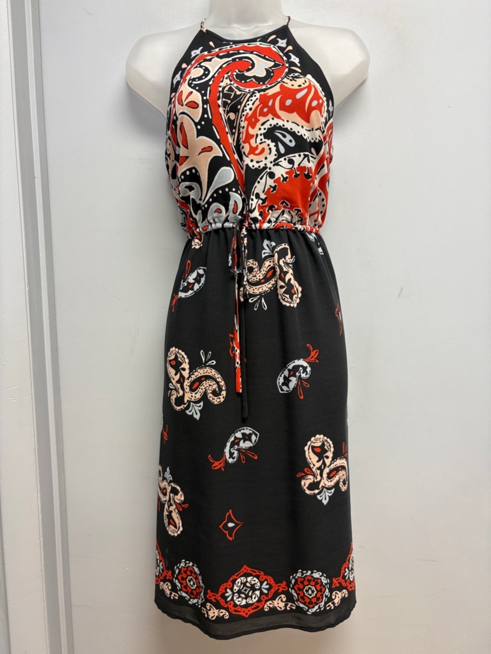 LOFT Petite Paisley Halter Dress | Black Red Print | XSP